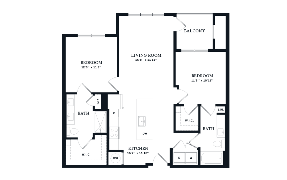 Luminous - 2 bedroom floorplan layout with 2 bathrooms and 1077 square feet (2D)