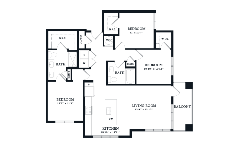 Radiance - 3 bedroom floorplan layout with 2 bathrooms and 1353 square feet (2D)