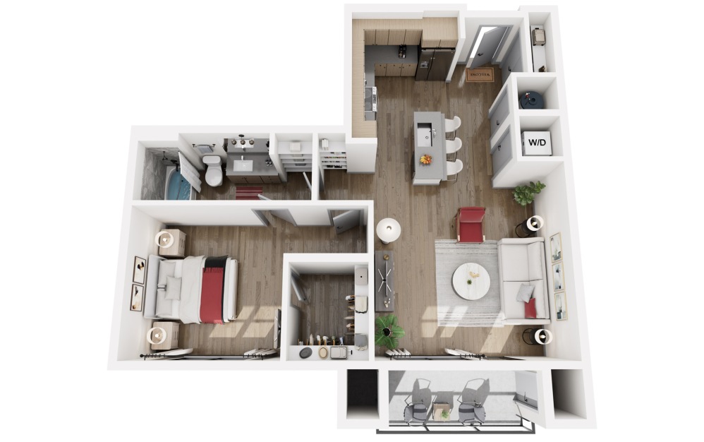 Blossom - 1 bedroom floorplan layout with 1 bathroom and 860 square feet (3D)