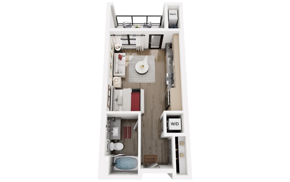 Cove - Studio floorplan layout with 1 bathroom and 415 square feet (3D)