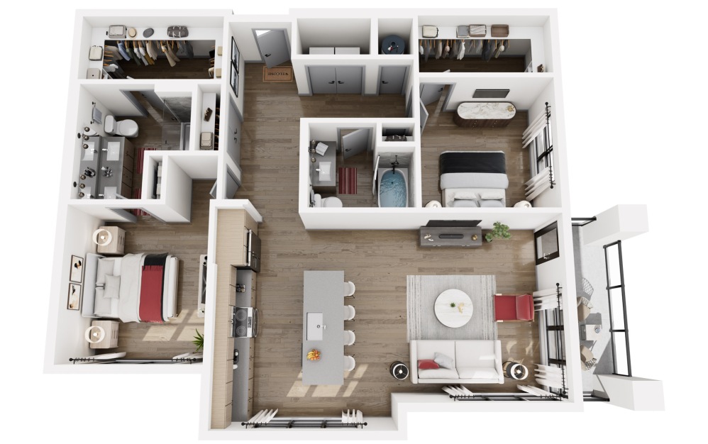 #1142 - 2 bedroom floorplan layout with 2 bathrooms and 1262 square feet (3D)