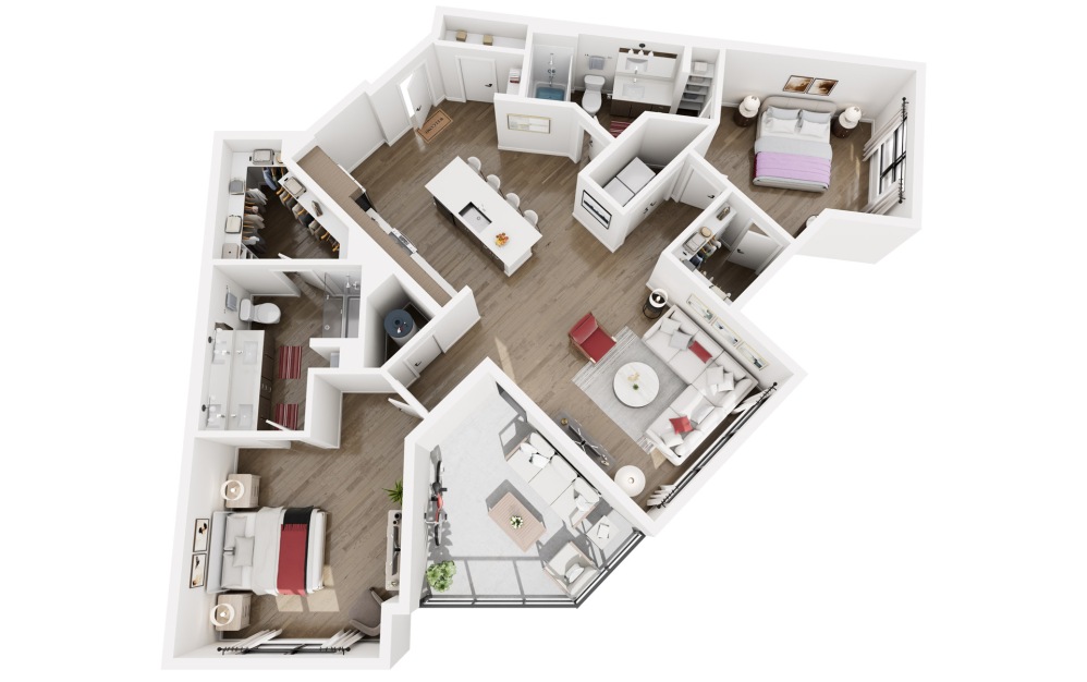 #1154 - 2 bedroom floorplan layout with 2 bathrooms and 1298 square feet (3D)