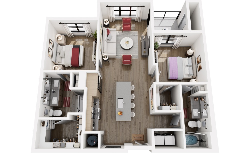 #1123 - 2 bedroom floorplan layout with 2 bathrooms and 1077 square feet (3D)