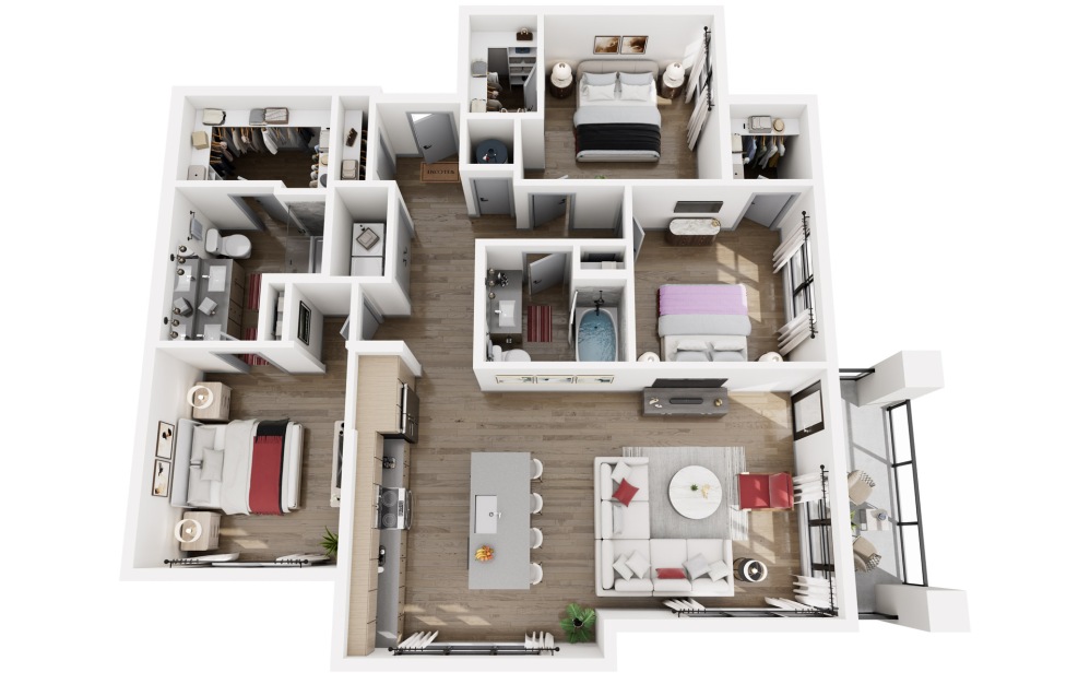 #1141 - 3 bedroom floorplan layout with 2 bathrooms and 1353 square feet (3D)