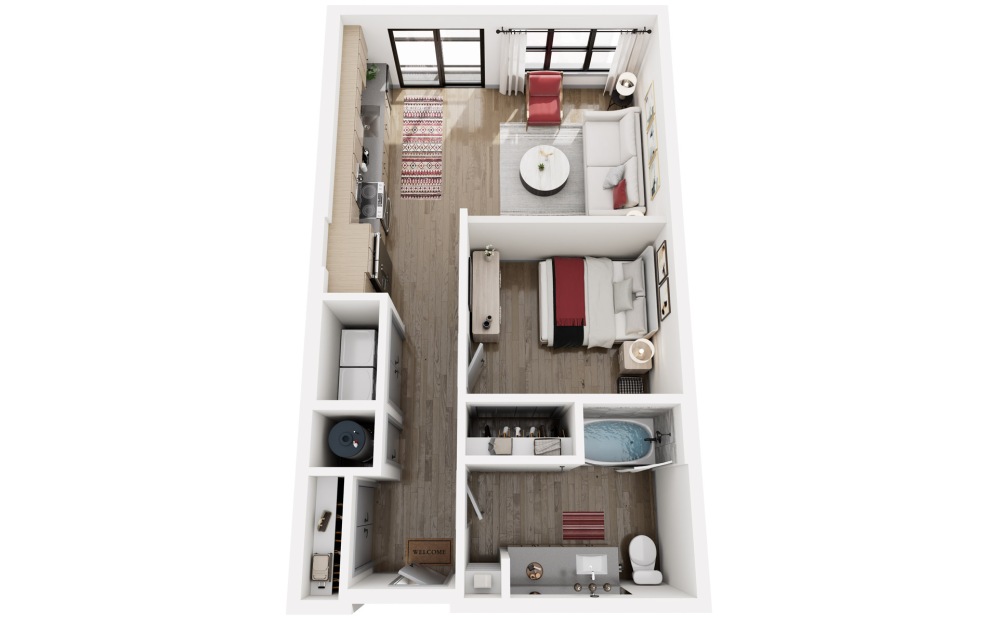Retreat A - 1 bedroom floorplan layout with 1 bathroom and 678 square feet (3D)