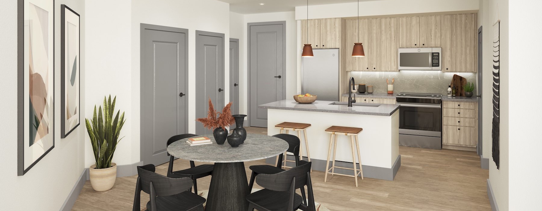 a kitchen with a dining table