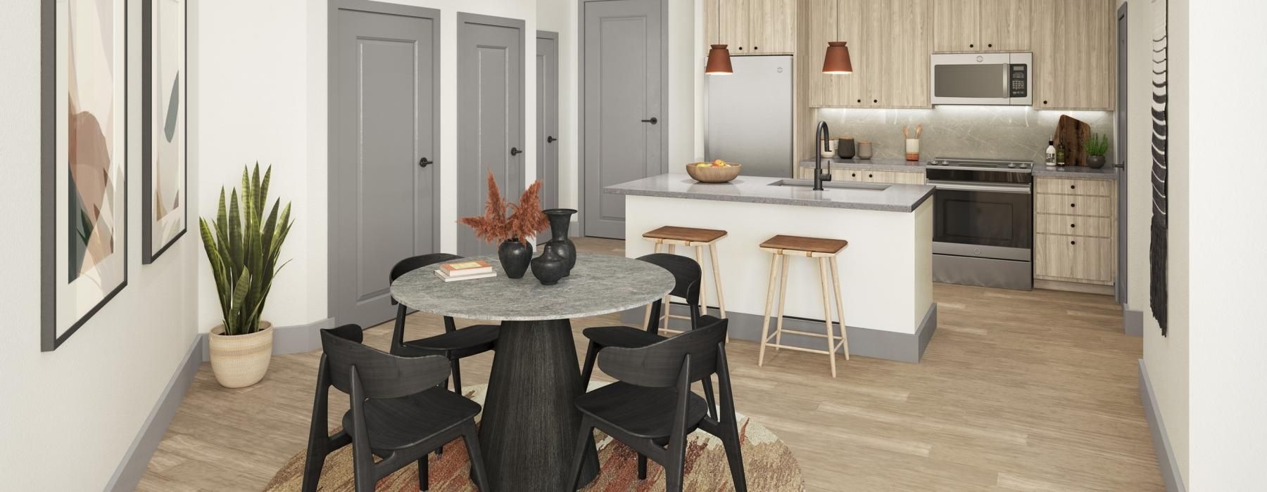 a kitchen with a dining table