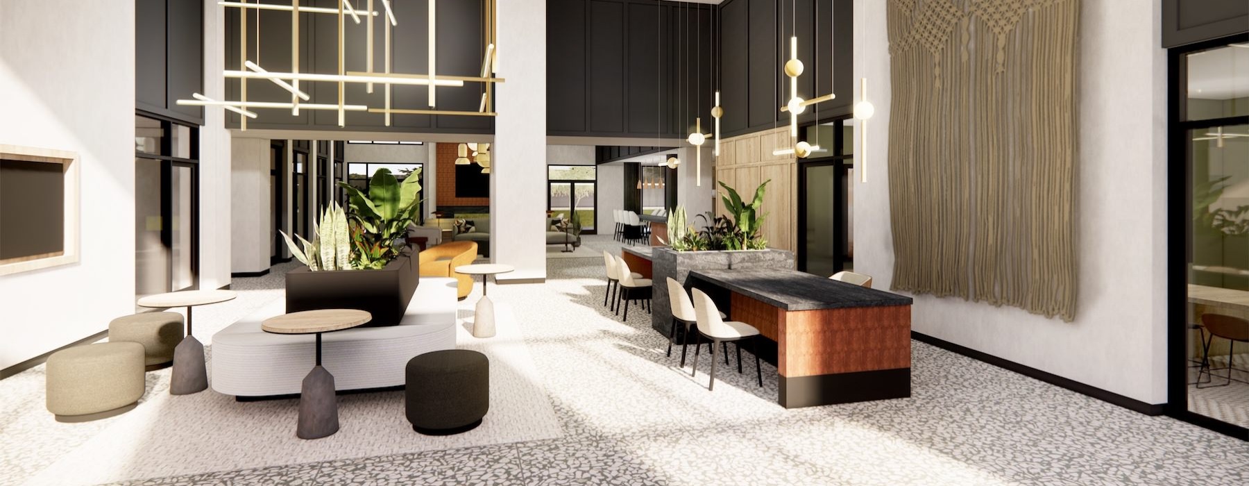 a clubroom with tables and chairs