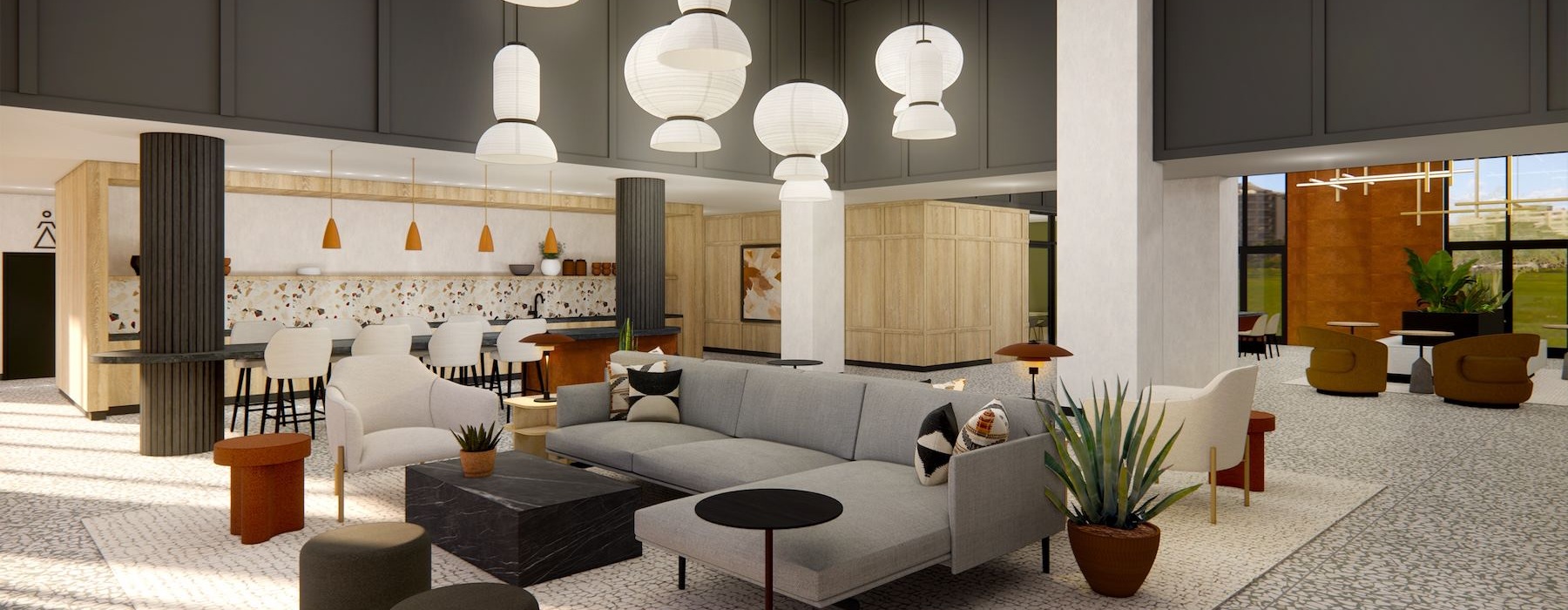 a clubroom with a couch and chairs